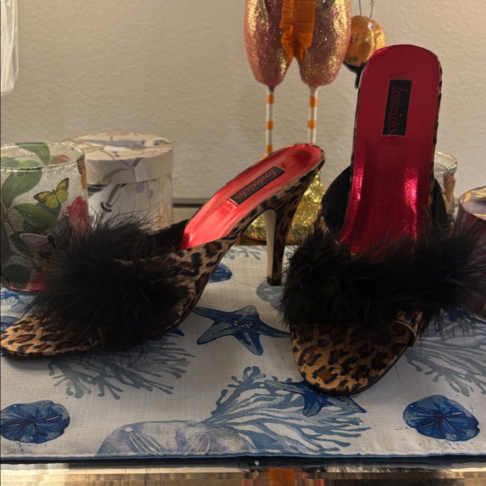 Frederick's of Hollywood Leopard Print Heels with Black Feather